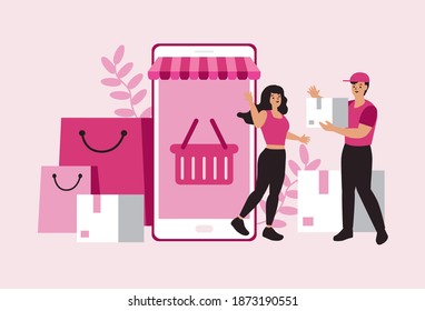 Mujeres felices de comprar en el móvil. Comprar en línea en una tienda en línea en un sitio web o aplicación móvil. Entrega de la caja de retención al cliente. Al concepto de vectores le encantan las compras.