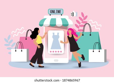 Women happy with shopping on mobile pay by credit card. Shopping online in an online store on a website or mobile application. vector concept loves shopping. Design for Sale banner, Digital marketing.