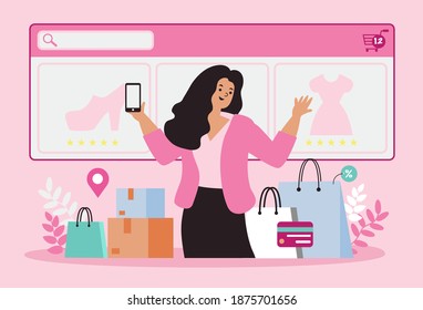 Women happy with shopping on mobile pay by credit card. Shopping online in an online store on a website or mobile application. vector concept loves shopping. Design for Sale banner, Digital marketing.