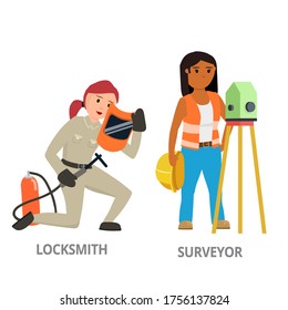 Women hard working in non-traditional man roles, profession: locksmith, surveyor. Feminist girl, woman. Vector design concept