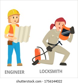 Women hard working in non-traditional man roles, profession - engineer locksmith. Feminist girl, woman. Vector design concept