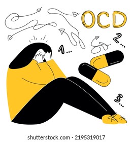 Women has syndrome obsessive compulsive disorder and intrusive thoughts for counting. Vector illustration OCD symptoms of human fear, neurosis and panic attack.