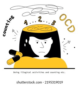 Women has syndrome obsessive compulsive disorder and intrusive thoughts and doing illogical counting. Vector illustration OCD symptoms of human fear, neurosis and panic attack.