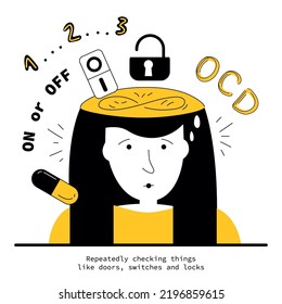 Women has syndrome OCD  and intrusive thoughts and doing illogical checking things. Vector illustration obsessive compulsive disorder symptoms of human fear, neurosis and panic attack.