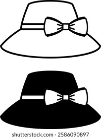 Women Hat Icons. Black and White Vector Drawings. Hat with Bow, Headwear. Fashion and Clothing Concept