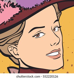 A women in a hat. Retro woman, Woman having pleasure. Having pleasure. Concept idea of advertisement and promo. Pop art retro style illustration. Halftone background.