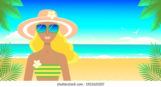 Women in hat and sunglasses on the beach by the sea. Summer vacation concept, travel. Vector stock illustration. 