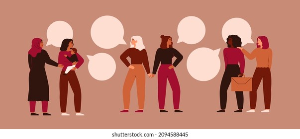 Women have come together to express their views or for voting.  Girls from different cultures and activities are talking about something. Cooperation and partnership concept. Vector illustration