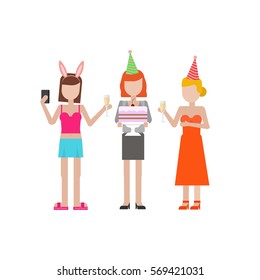 Women have fun at the hen party. Woman holding a cake at the bachelorette party colorful illustration isolated at the white background