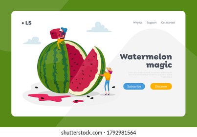 Women Have Fun, Slicing and Eating Melon Landing Page Template. Tiny Female Characters Enjoying Refreshing of Huge Ripe Watermelon. Fruit Season, People Relaxing on Picnic. Cartoon Vector Illustration