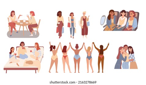 Women have fun together set. Girlfriend with different skin colors are friends, going to cafes, shopping, walking, talking. The concept of female friendship and support. Flat vector
