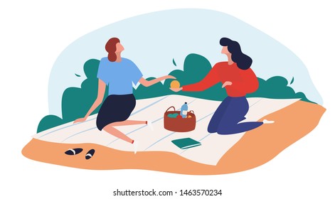 Women have picnic on the beach. Resting outside having some meal together, families and couples having lunch. Flat cartoon vector illustration.