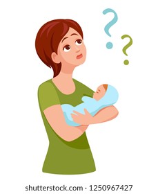 women have questions about motherhood. young mother holding a baby and thinking about the problem. woman holding a baby in her arms.