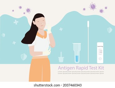 Women have a self nasal swab by Covid-19 antigen test kit. Quick antibodies exam. Concept for control of corona virus. 