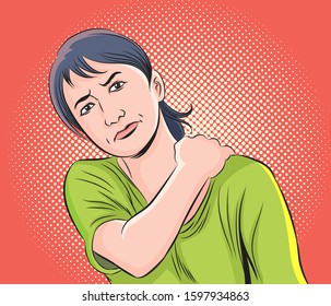 Women have shoulder pain. Pop art vector illustration drawing. Comic book work style.