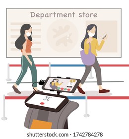 Women having body temperature check at shopping mall - Flat vector illustration thermal heat scan of customers for fever and virus symptoms - covid-19, Hygiene measures and contact tracing concept.