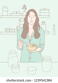 a women having breakfast in kitchen
