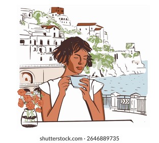 Femmes prenant un café dans l'illustration de station balnéaire, femme élégante assise sur l'Image vectorielle de l'île de Monaco, Retro vintage Summer holiday artwork for t-shirt, poster, art mural