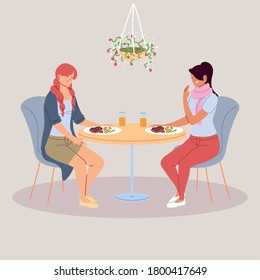 women having dinner in the restaurant vector illustration design