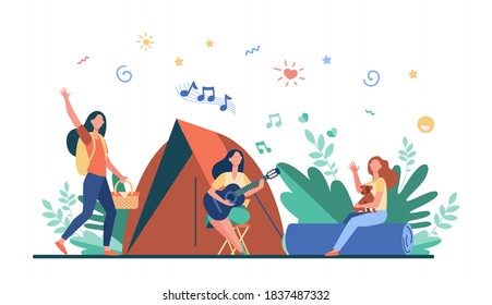 Women having rest and singing songs near tent. Trip, nature, leisure. Flat vector illustration. Camping concept can be used for presentations, banner, website design, landing web page