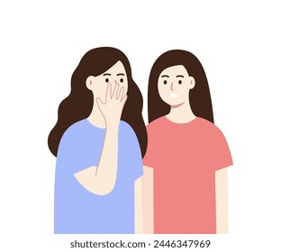 Women having secret conversation. Girls whispering and talking gossips. Flat vector people character design illustration isolated on white background.