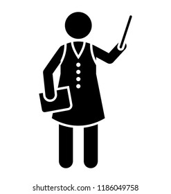 A women having stick and a bag in hand pointing out characterizing female teacher