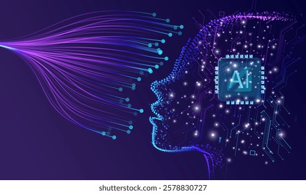 Women head artificial intelligence technology background. Futuristic face on circuit board vector design. Ai big data idea science concept.	