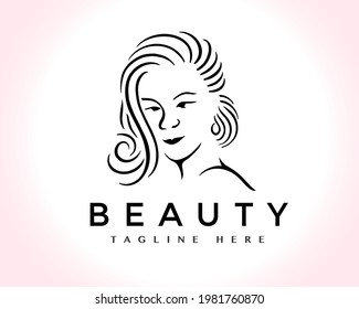 women head beauty face hair logo design template illustration