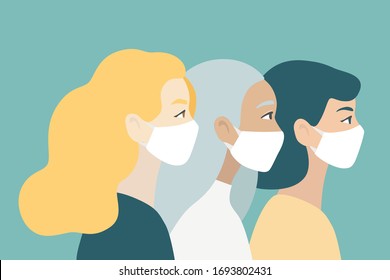  Women head faces profile in flat modern design in masks protection from virus infection, dust and flu. Hand drawn vector illustration, isolated on background