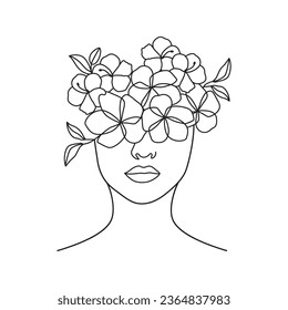 Women head with flowers decorative linear poster artwork elegant minimalist line art poster and icon or logo design design. 