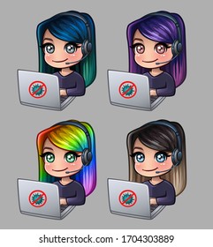 Women with headphones and laptop work at home. Vector illustration