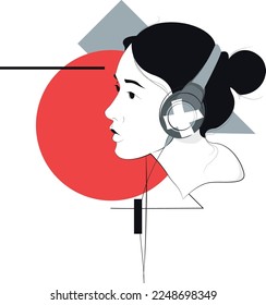 Women in headphones. Listen to music. Concept of podcast, audiobook, radio, meditation. Abstract art, female faces, silhouette, side view, profile . Flat vector illustration for poster, banner, cover.
