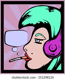 Women with headphones poster/Illustration of a women with headphones, pop art style, editable EPS 10. 