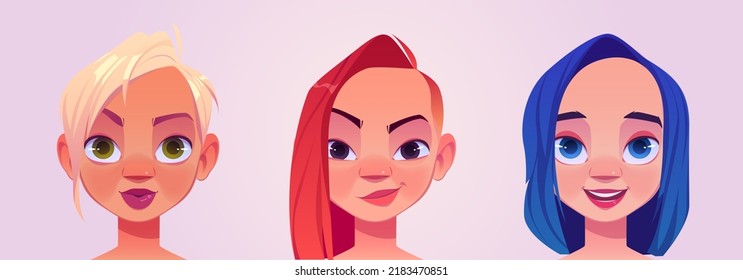 Cabezas femeninas con peinados rubios, rojos y azules. Retratos femeninos con diferentes cortes de pelo elegantes. Dibujo vectorial de hermosas caras de chicas, avatares de damas de moda