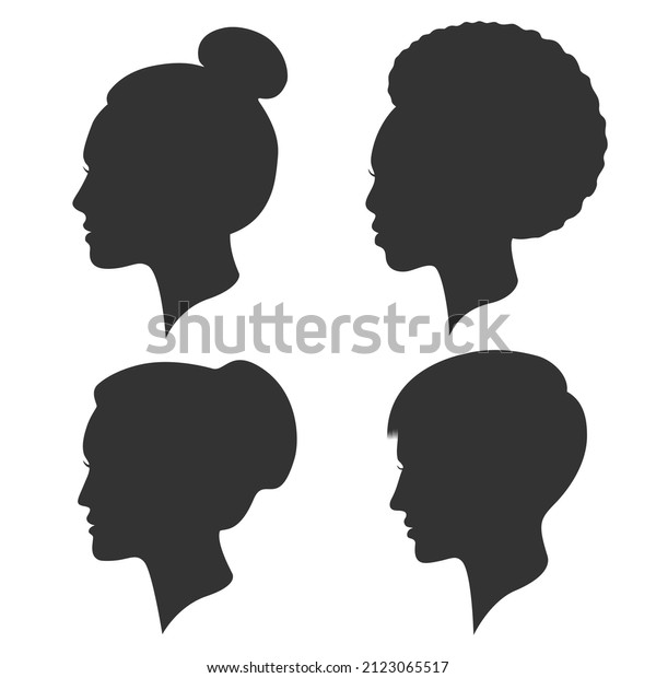 Women heads graphic signs set. Female\
silhouettes isolated on white background. Collection different\
symbols girls. Vector\
illustration