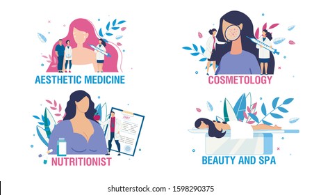 Women Health Care and Treatment People Scene Set. Cartoon Ladies and Doctors Cosmetologist, Nutritionist Consultation. Face Sking Beauty. Body Care and Relax. Aesthetic Medicine. Vector Illustration