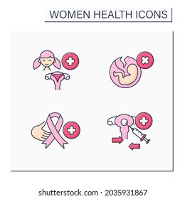 Women health color icons set.Reproductive system diseases. Adolescent gynecology, abortion, cancer, egg donation program. Healthcare concept. Isolated vector illustrations