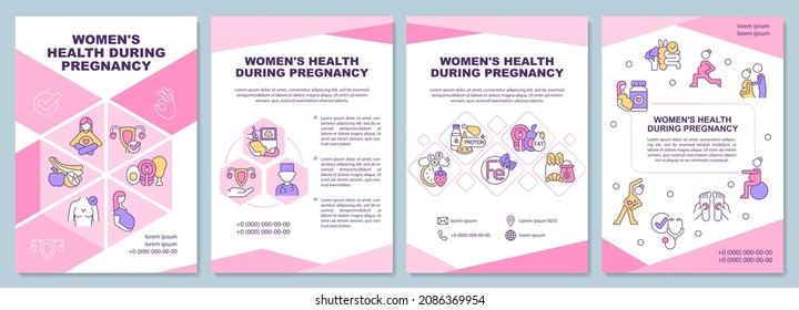 Women Health During Pregnancy Brochure Template. Exercises And Diet. Flyer, Booklet, Leaflet Print, Cover Design With Linear Icons. Vector Layouts For Presentation, Annual Reports, Advertisement Pages