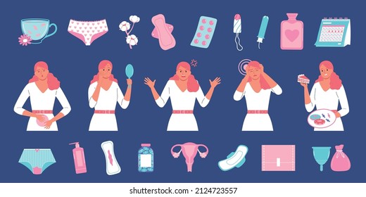 Women health flat color set of feminine hygiene products and young girls showing pms symptoms isolated vector illustration