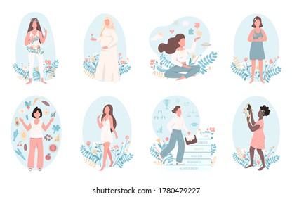 Women health flat color vector faceless character set. Mental wellbeing. Physical healthcare. Self love. Female wellness isolated cartoon illustration for web graphic design and animation collection