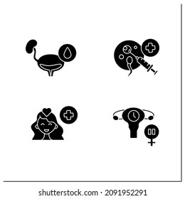 Women health glyph icons set.Reproductive system diseases. Urinary incontinence, mental care, menopause, IVF. Healthcare concept.Filled flat signs. Isolated silhouette vector illustrations
