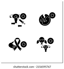 Women Health Glyph Icons Set.Reproductive System Diseases. Adolescent Gynecology, Abortion, Cancer, Egg Donation Program.Filled Flat Signs. Isolated Silhouette Vector Illustrations