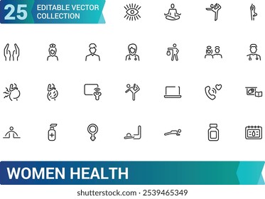 Conjunto de ícones de Saúde da Mulher. Contendo gravidez, ginecologia, fitness, bem-estar, nutrição, cuidados, hormônios e muito mais. Coleção de ícones de vetor de linha. Ilustração vetorial.