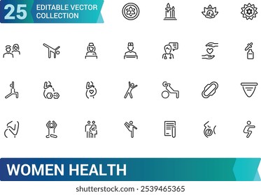 Women Health icon set. Containing pregnancy, gynecology, fitness, wellness, nutrition, care, hormones, and more. Line vector icons collection. Vector illustration.