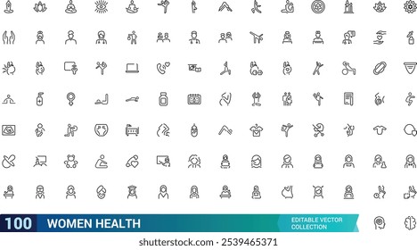 Women Health icon set. Containing pregnancy, gynecology, fitness, wellness, nutrition, care, hormones, and more. Line vector icons collection. Vector illustration.