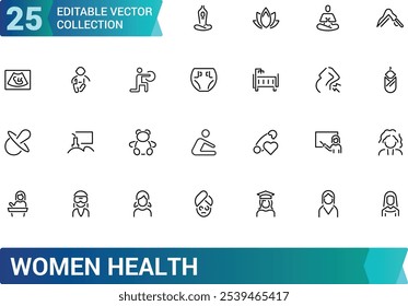 Conjunto de ícones de Saúde da Mulher. Contendo gravidez, ginecologia, fitness, bem-estar, nutrição, cuidados, hormônios e muito mais. Coleção de ícones de vetor de linha. Ilustração vetorial.