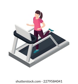 Women health isometric icon with female character running on treadmill 3d vector illustration