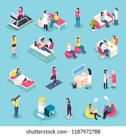 Women health isometric icons collection with isolated images and female characters in various situations with medication vector illustration