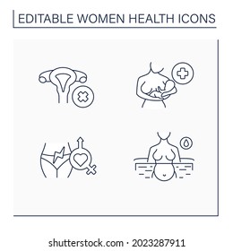 Women Health Line Icons Set. Gynecology. Reproductive System Diseases. Waterbirth, Sexual Pain, Lactation Infertility. Healthcare Concept. Isolated Vector Illustrations.Editable Stroke