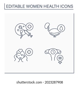 Women health line icons set.Reproductive system diseases. Urinary incontinence, mental care, menopause, IVF. Healthcare concept. Isolated vector illustrations.Editable stroke